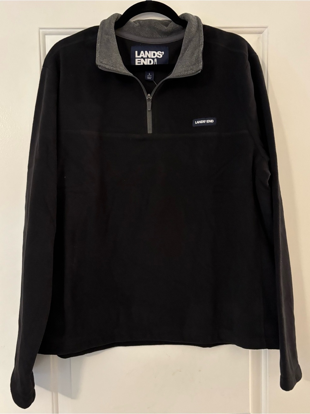 NWT Lands' End Men's Black Fleece Quarter-Zip with Gray Collar